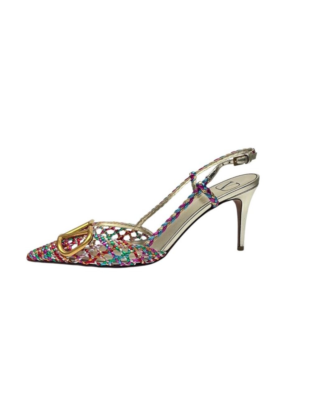 VALENTINO Garavani Multicolor Woven Leather Vlogo Pointed Toe Slingback Sandals - Picture 3 of 12